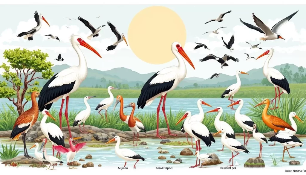 An image of a variety of bird species in Katavi National Park, including storks and other waterbirds.