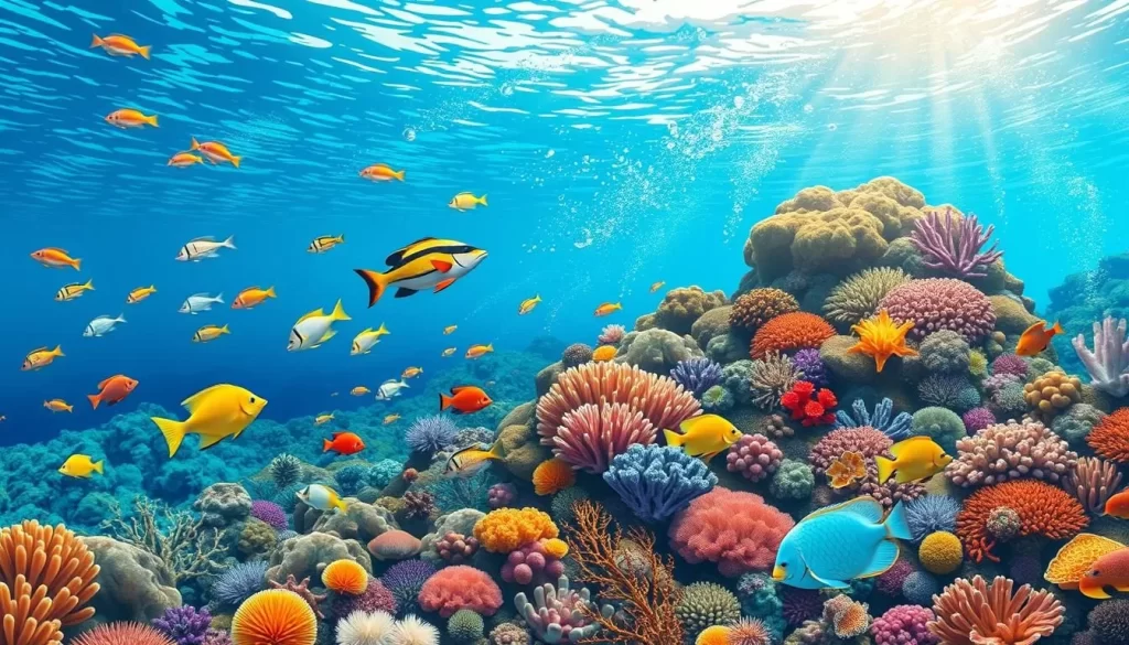 An image of a vibrant coral reef teeming with marine life, with snorkelers or divers in the background.