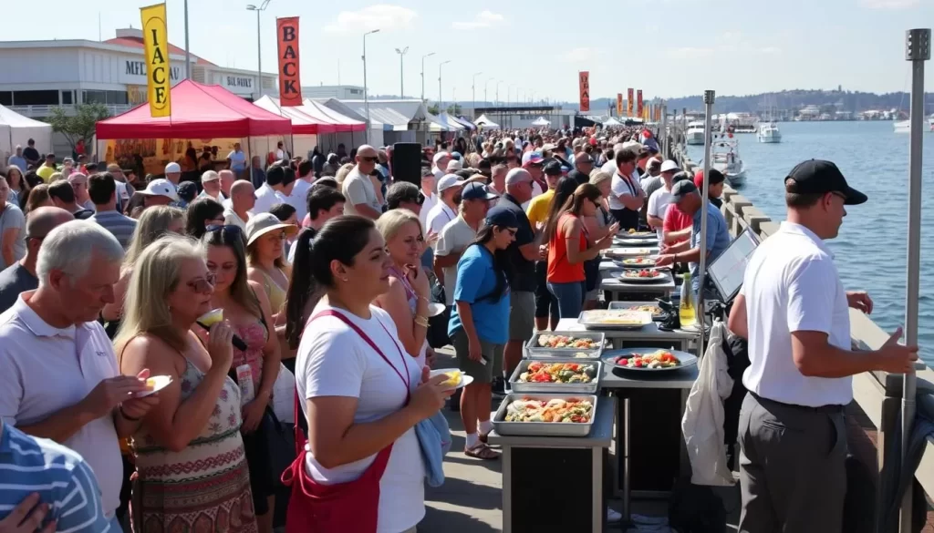 An image of a waterfront festival with people enjoying food samples, live music, and cooking demonstrations.