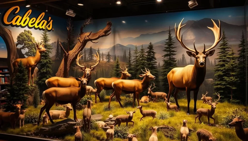 An image of a wildlife diorama at Cabela's, featuring animals such as deer or elk in a naturalistic setting
