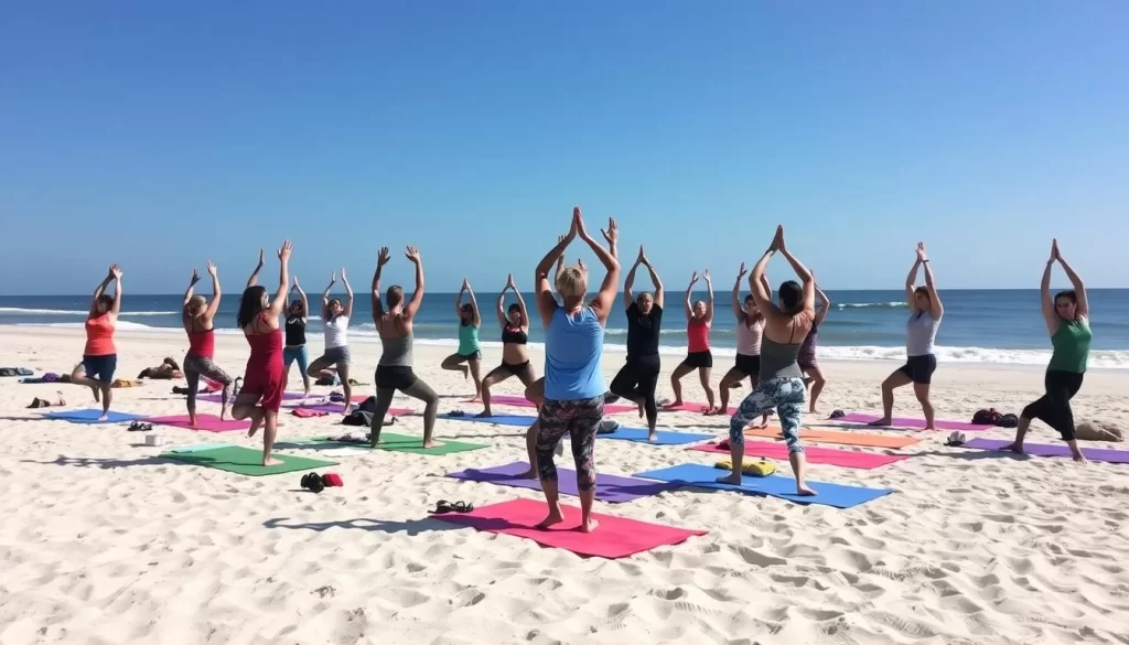 An image of a yoga class on the beach in Gulf Shores