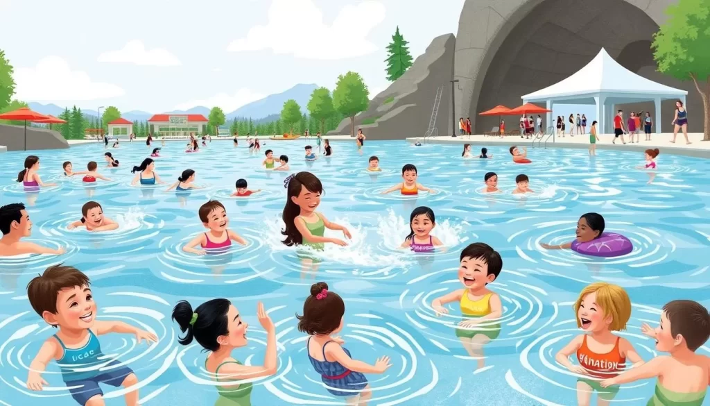 An image of families enjoying water activities at Cascade Falls Aquatic Center.