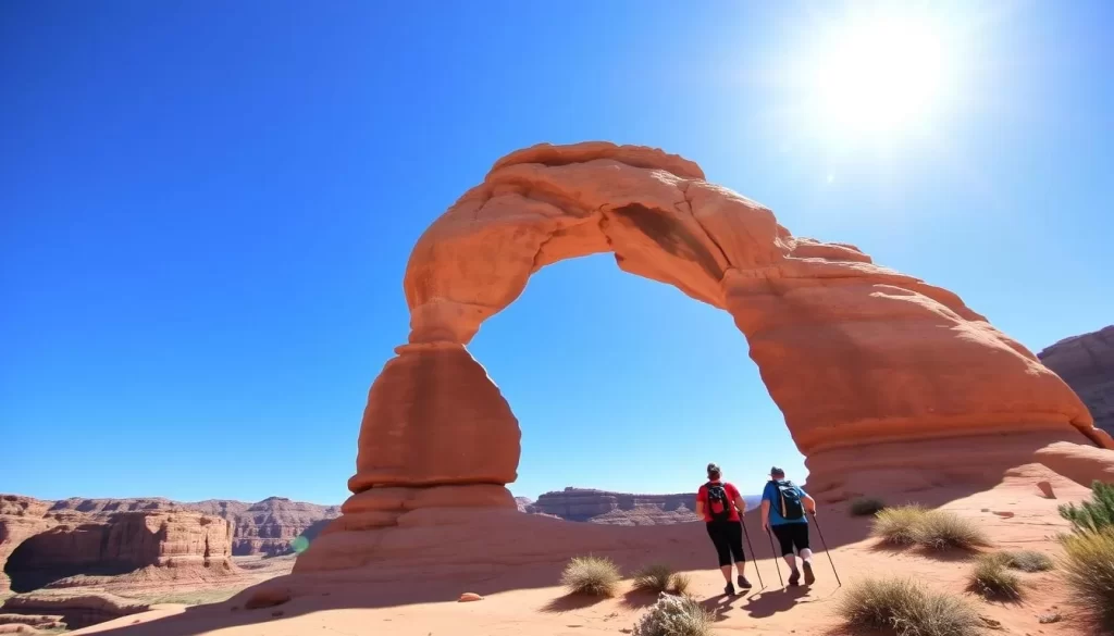 An image of hikers approaching Delicate Arch on a sunny day