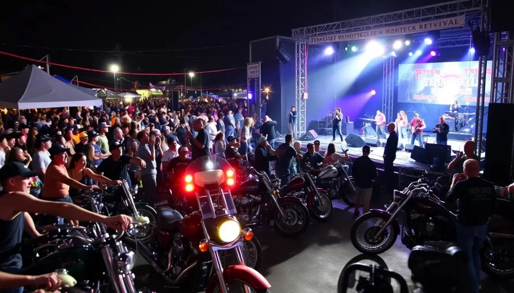An image of motorcycles and live music at the Tennessee Motorcycles and Music Revival