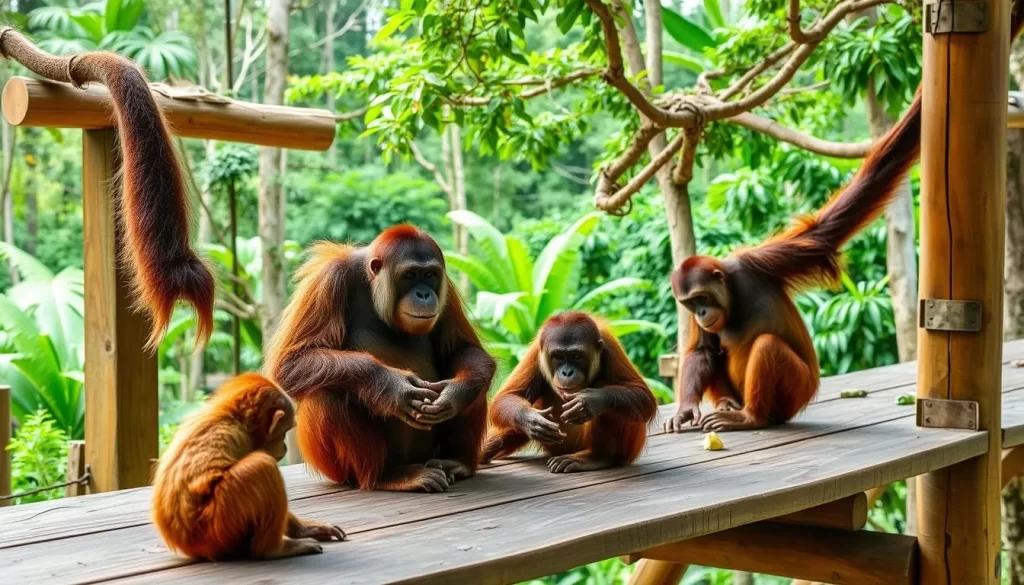 An image of orangutans at the feeding platform in Semenggoh Nature Reserve