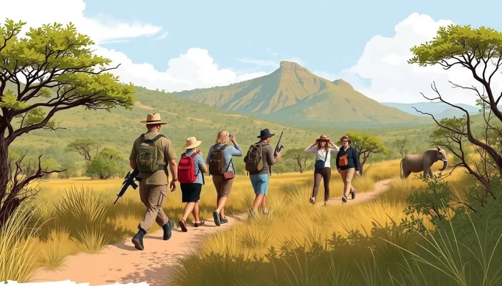An image of participants on a guided bush walk in Pilanesberg, with an armed ranger leading the way.