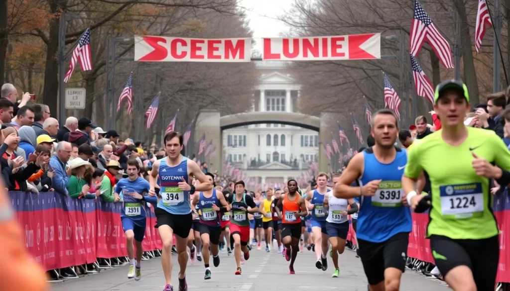 An image of runners at the Boston Marathon, with the "Scream Tunnel" at Wellesley College in the background