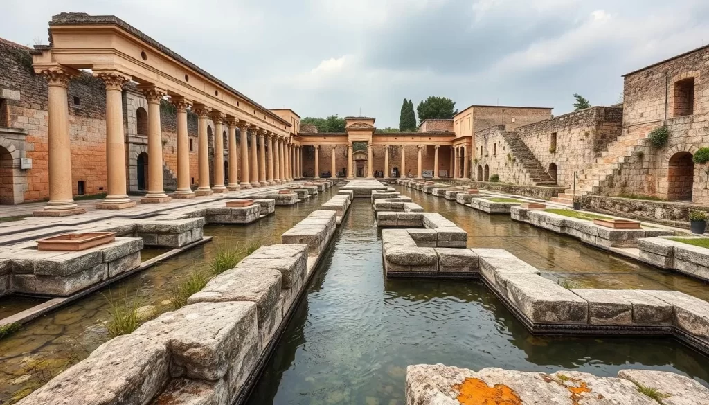 An image of the Agora Open Air Museum in Izmir, showcasing its ancient ruins and water channels.