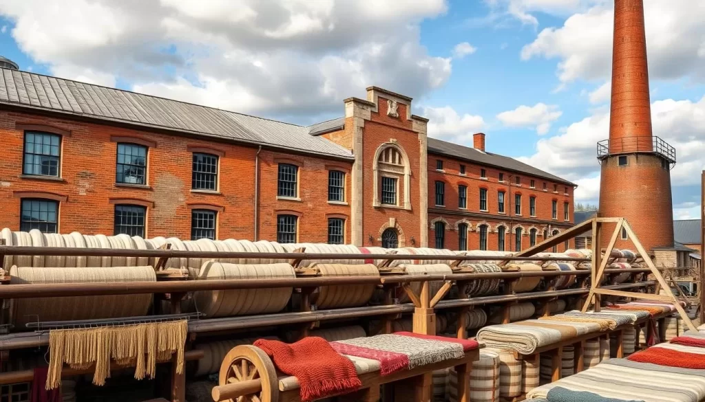 An image of the Amana Woolen Mill, showcasing its historic building and textile products.