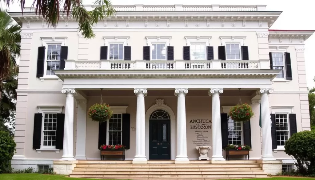 An image of the Anchuca Historic Mansion's grand facade with its Greek Revival architecture.