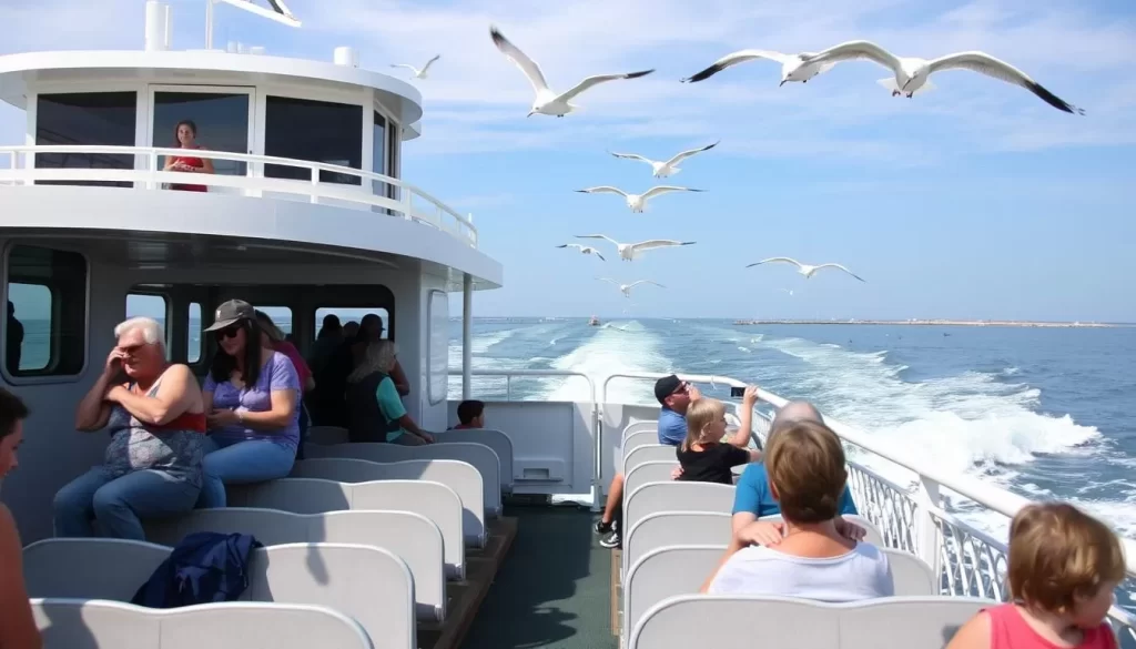 An image of the Cape May-Lewes Ferry with families on board, enjoying the ride and the seagulls flying overhead