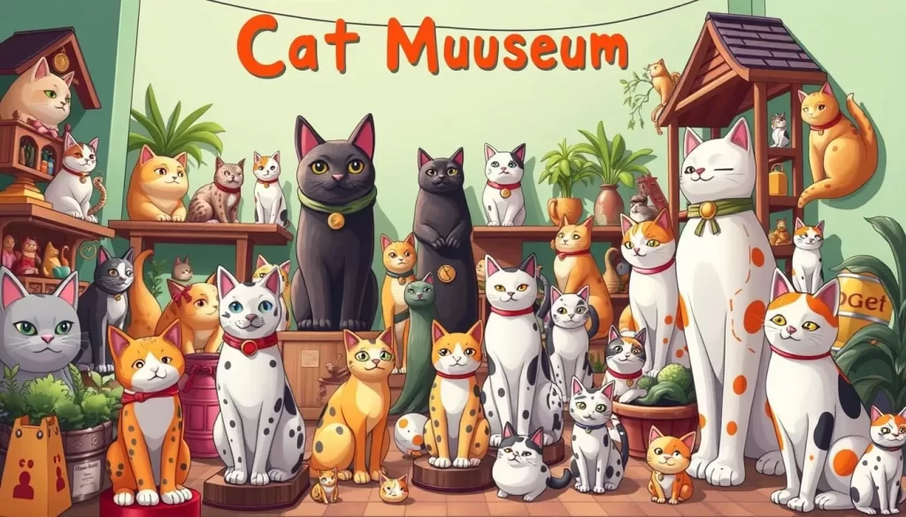 An image of the Cat Museum Kuching with various cat statues and artifacts