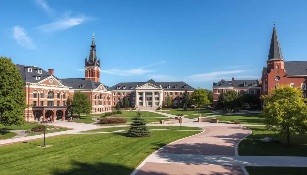 An image of the Dakota Wesleyan University campus, featuring a mix of historic and modern buildings