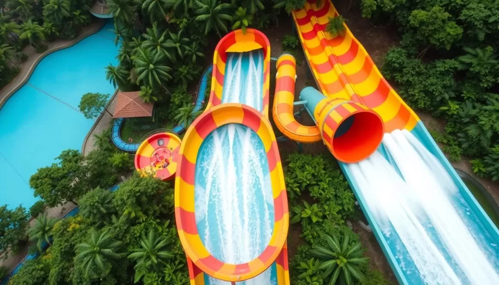 An image of the ESCAPE Penang Adventure Park's water slides and rainforest surroundings.