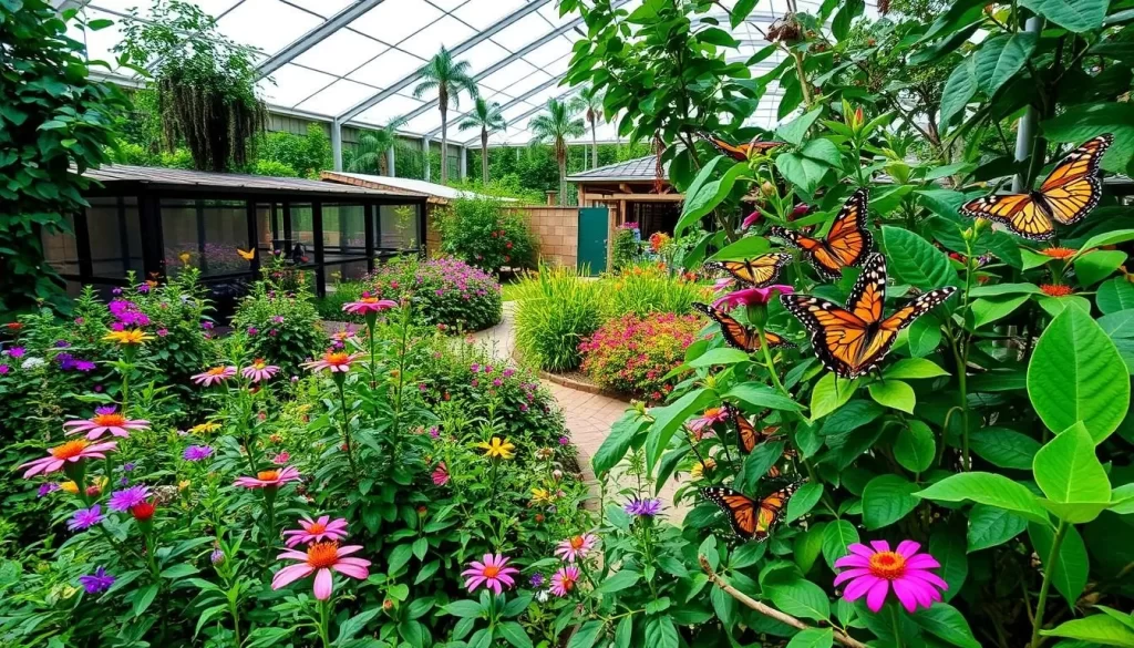 An image of the Entopia Butterfly Farm's lush garden and butterfly exhibits.