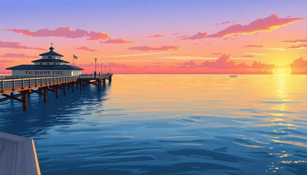 An image of the Fairhope Municipal Pier at sunset with people fishing and enjoying the views of Mobile Bay.