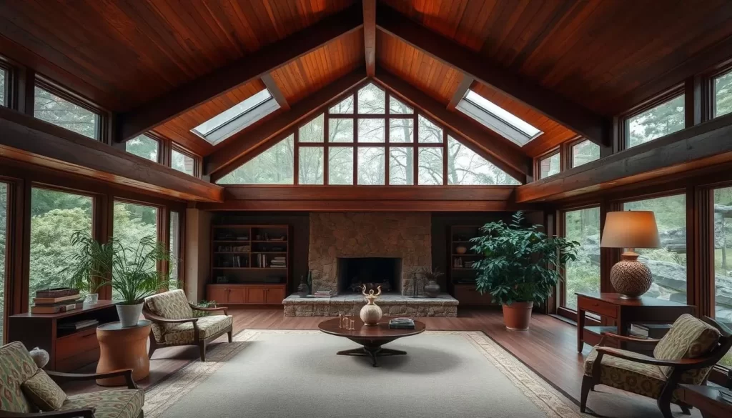 An image of the Frank Lloyd Wright Rosenbaum House's interior, showcasing its unique architectural design.
