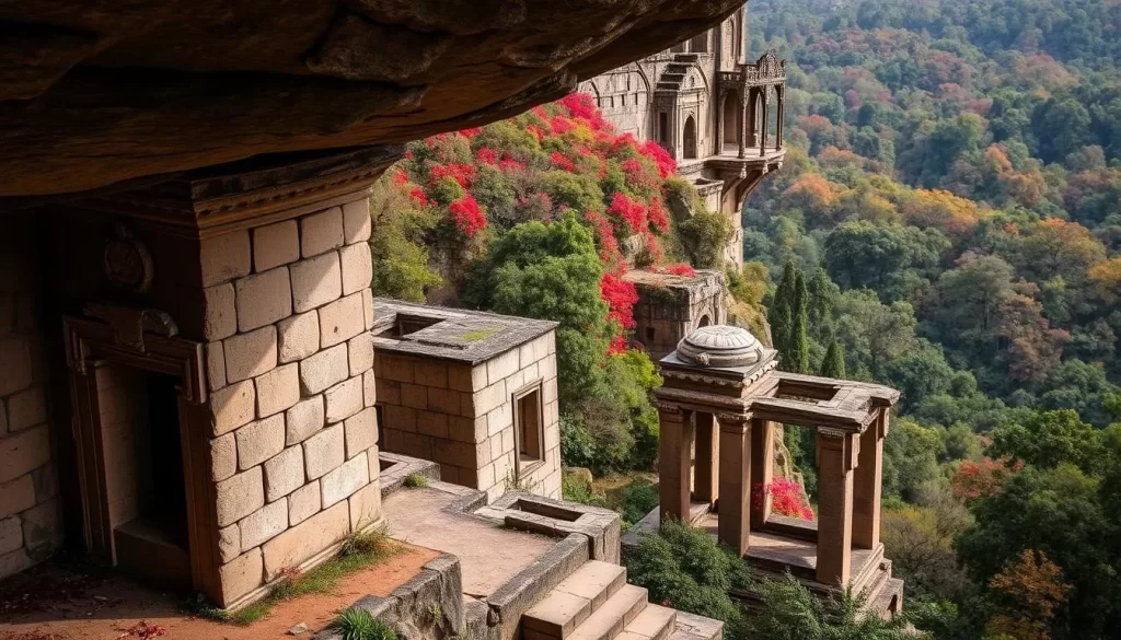 An image of the Gedi Ruins, with ancient structures surrounded by lush forest