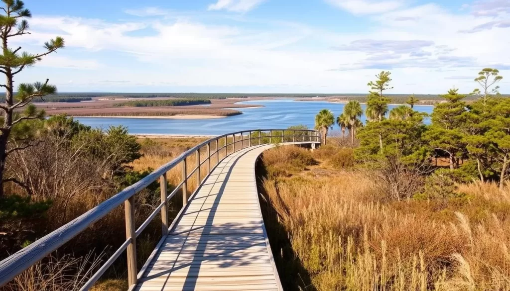 An image of the Gordons Pond Trail, featuring a boardwalk with expansive views of the saltwater lagoon.