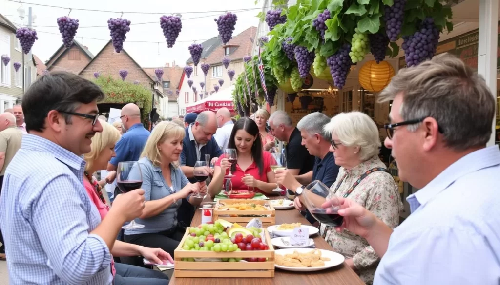 An image of the Grape and Wine Festival in Grevenmacher, with people enjoying wine and local food.