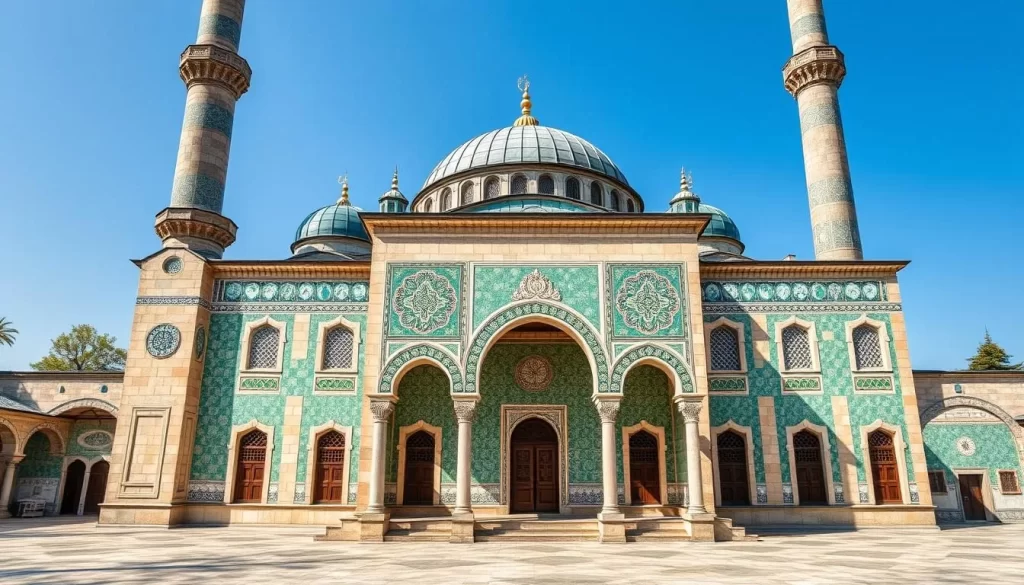 An image of the Green Mosque and Green Tomb complex in Bursa, highlighting its distinctive blue-green tiles and intricate decorations.