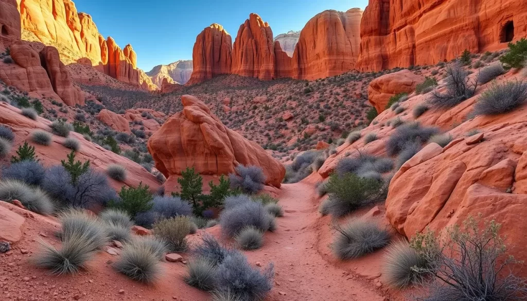 An image of the Hidden Pinyon Trail in Snow Canyon State Park, showcasing its unique orange rock formations and desert landscape.
