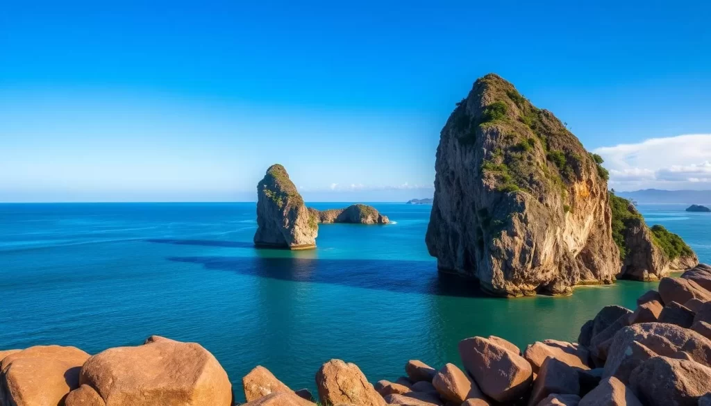 An image of the Hin Ta and Hin Yai Rocks on Koh Samui, Thailand, with a clear view of their unique shapes and the surrounding coastline.