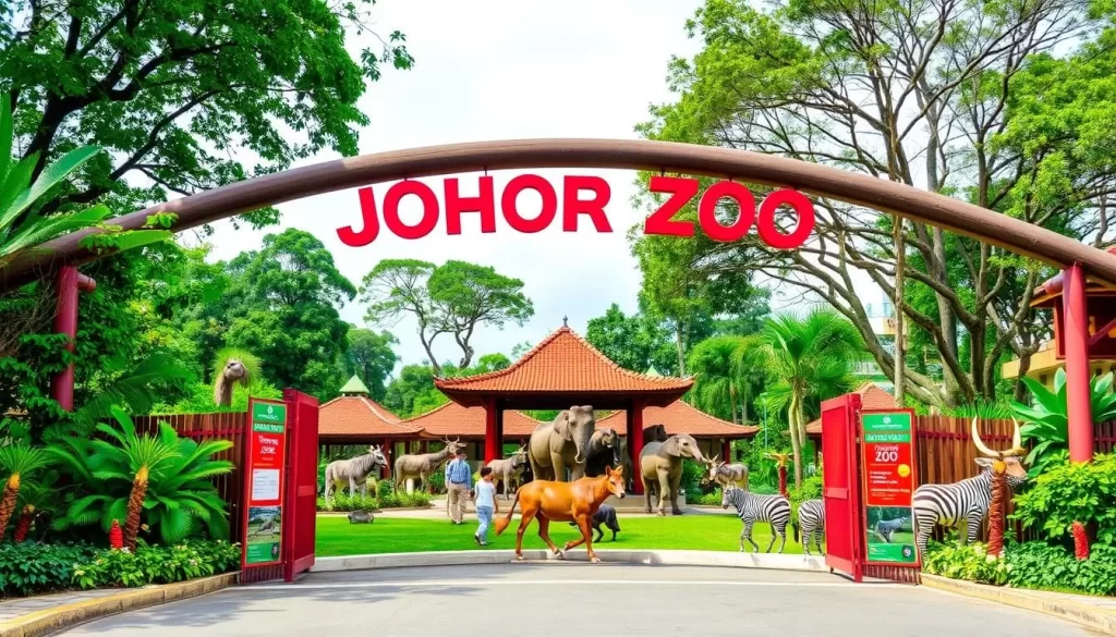 An image of the Johor Zoo entrance with a variety of animals in the background.