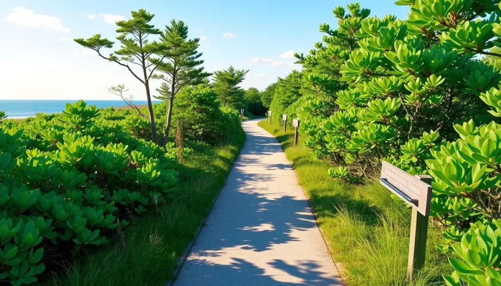An image of the Junction Breakwater Trail in Cape Henlopen State Park, showing a serene path surrounded by coastal vegetation.