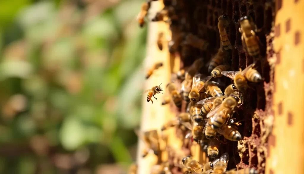 An image of the K-State Insect Zoo's Observation Beehive, showcasing honey bees at work.