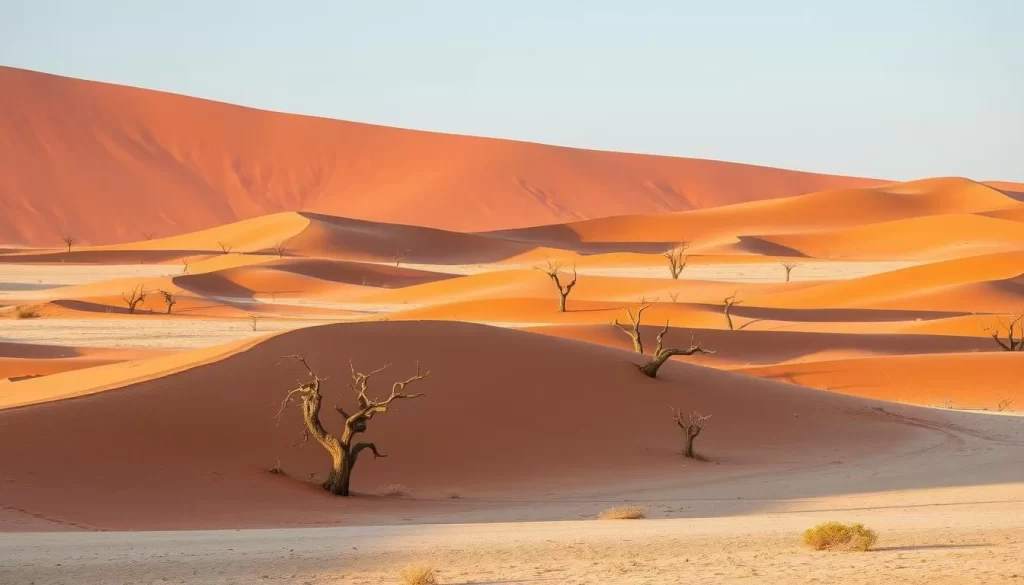 An image of the Kalahari Desert landscape with red sand dunes and camel thorn trees.