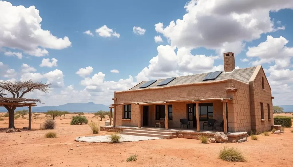 An image of the Kenyatta House in Turkana, Kenya, with a clear view of its architecture and surroundings.