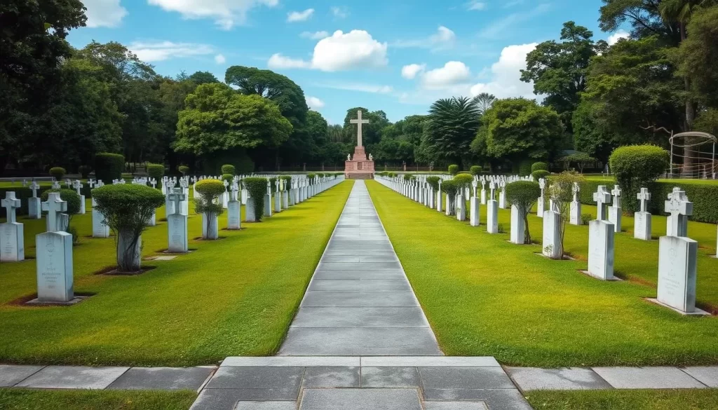 An image of the Labuan War Cemetery, a solemn place with rows of graves.