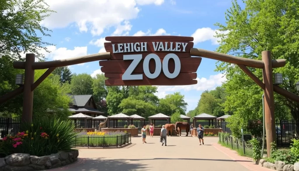 An image of the Lehigh Valley Zoo entrance with a sign and animals in the background.