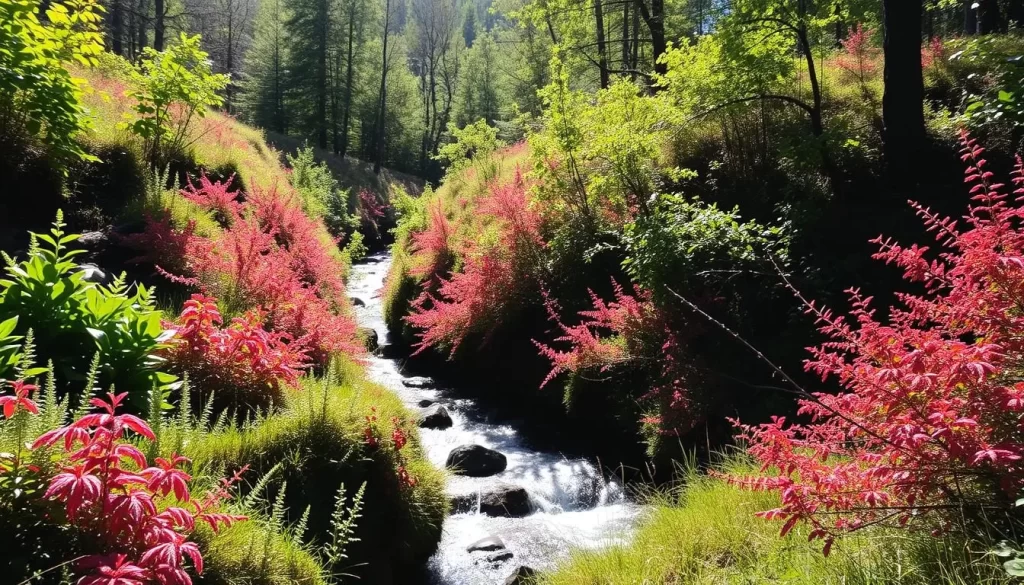 An image of the Little Elk Creek Trail with lush vegetation and a creek