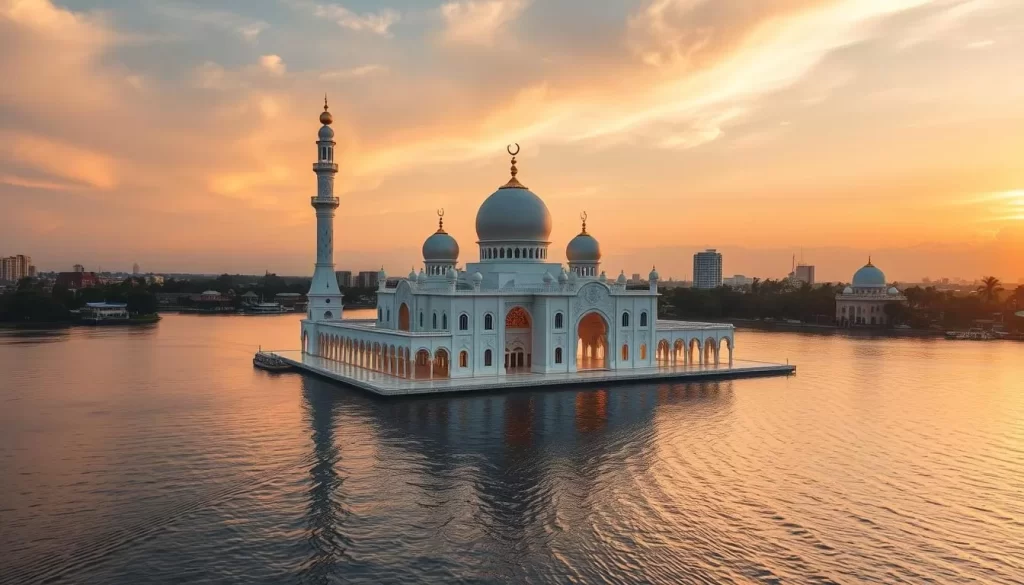 An image of the Melaka Straits Mosque, also known as the Floating Mosque, with its stunning white and gold architecture on an artificial island.
