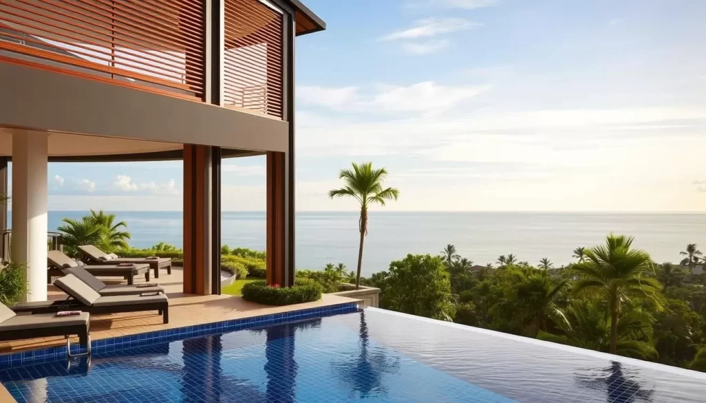 An image of the Miri Marriott Resort & Spa's pool area with a breathtaking sea view.