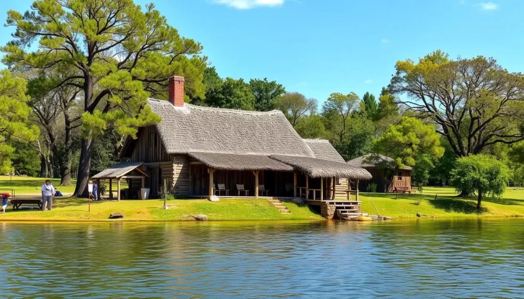 An image of the Mitchell Prehistoric Indian Village on the shores of Lake Mitchell