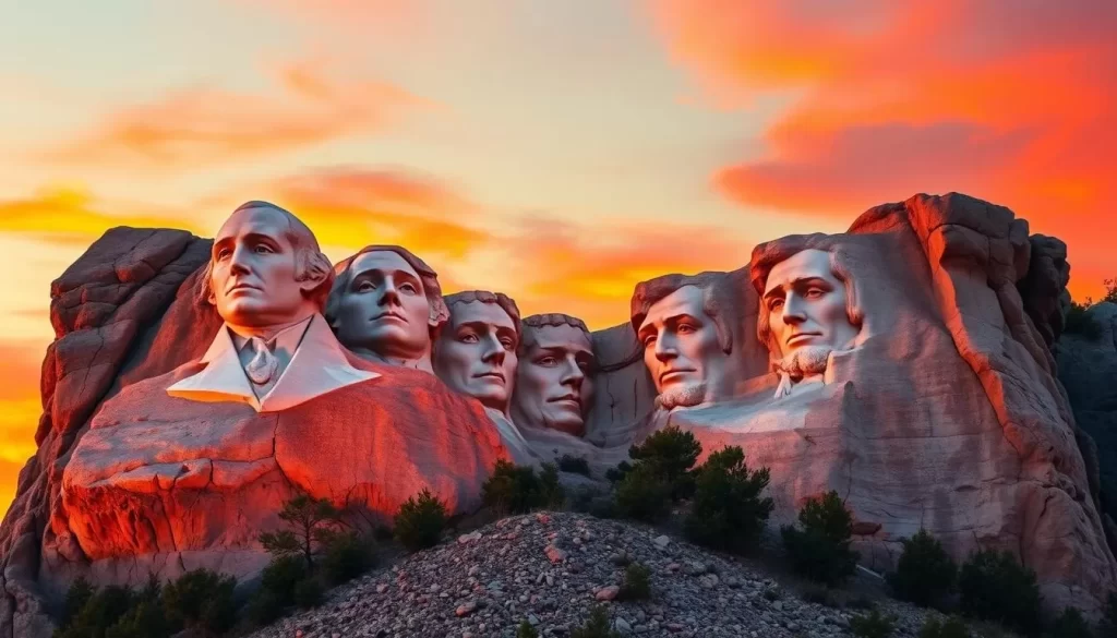 An image of the Mount Rushmore National Memorial at sunset, with the four presidents' faces illuminated.