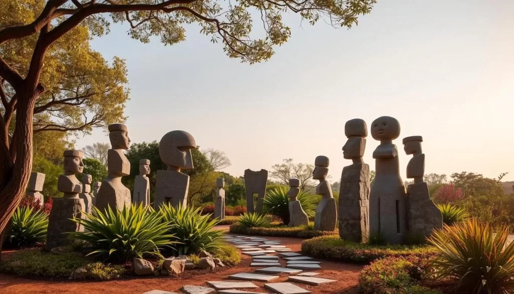 An image of the Ndoro Sculpture Garden in Malindi, Kenya, showcasing stone sculptures amidst a lush garden.