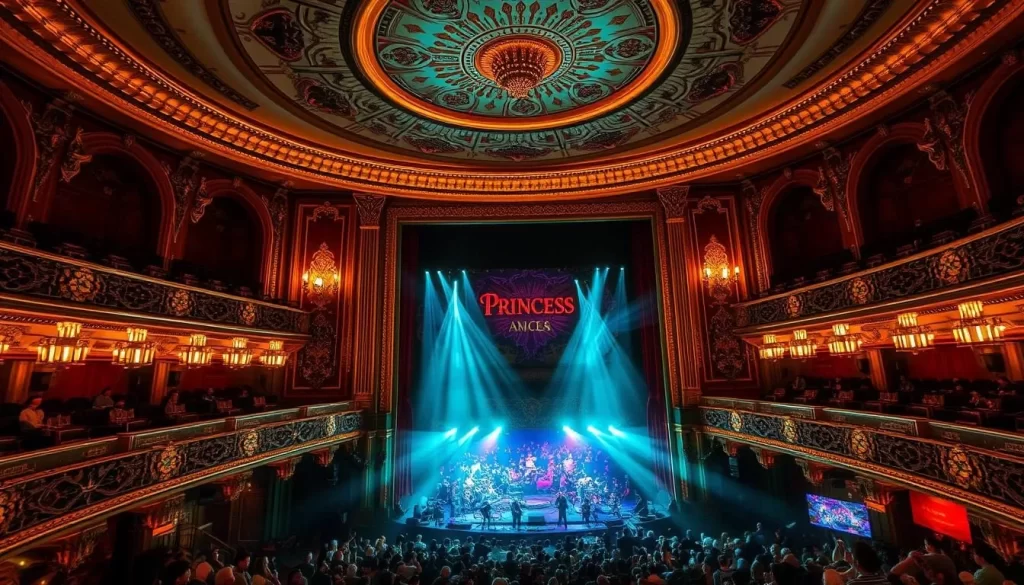 An image of the Princess Theatre's interior, highlighting its Art Deco features and a live performance.