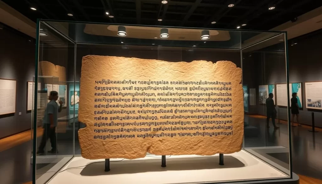 An image of the Ramkhamhaeng inscription, considered the earliest Thai writing on record, displayed in a glass case at the Ramkhamhaeng National Museum.