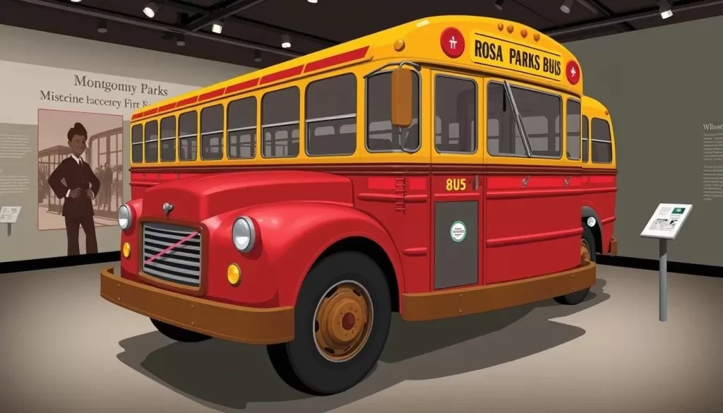 An image of the Rosa Parks Museum's exhibit featuring a 1950s-era Montgomery bus