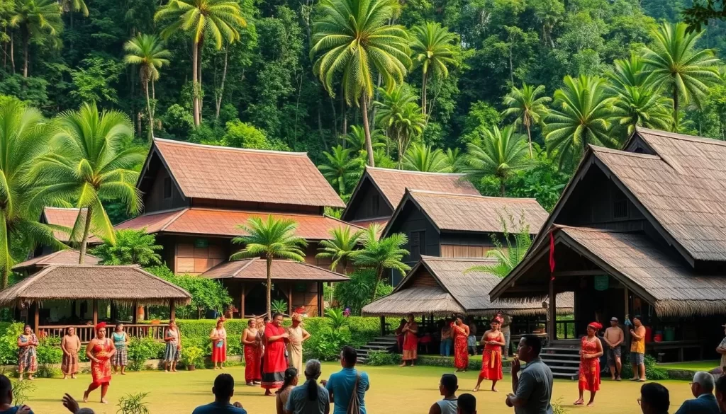 An image of the Sarawak Cultural Village with traditional longhouses and cultural performances