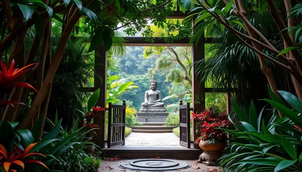 An image of the Secret Buddha Garden's entrance, surrounded by lush jungle vegetation