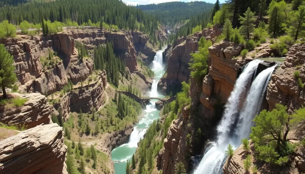 An image of the Spearfish Canyon Scenic Byway with its deep canyon and waterfalls.