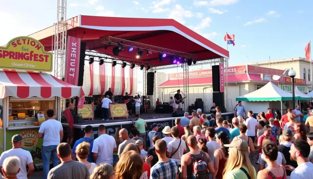An image of the Springfest celebration in Ocean City, with a stage, food vendors, and a crowd enjoying live music.
