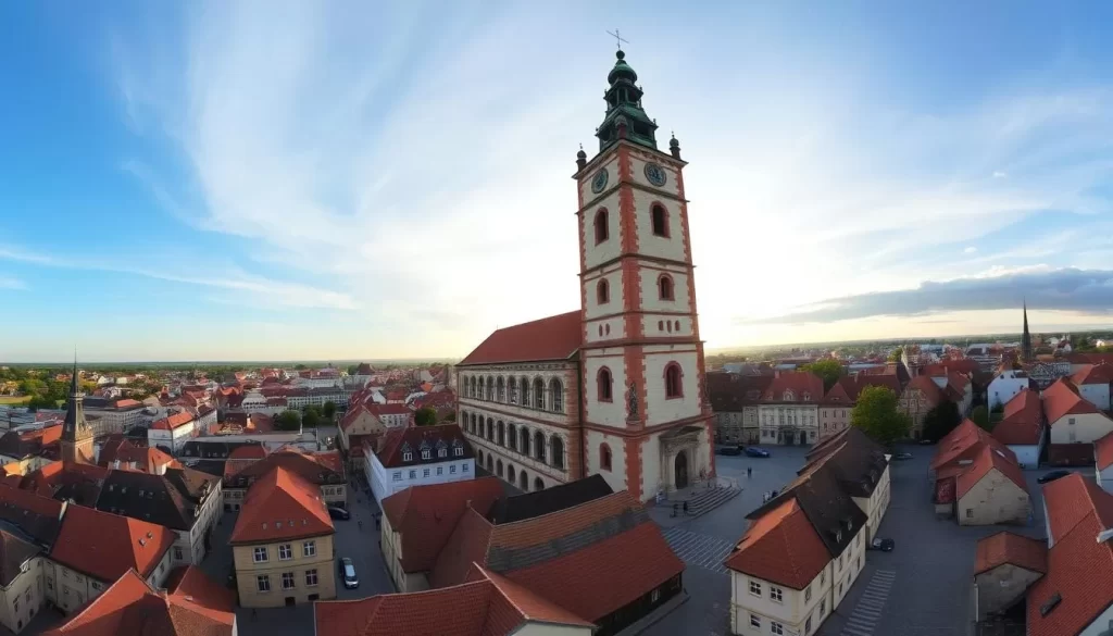 An image of the Town Hall Tower in Toruń, Poland, with a panoramic view of the Old Town.