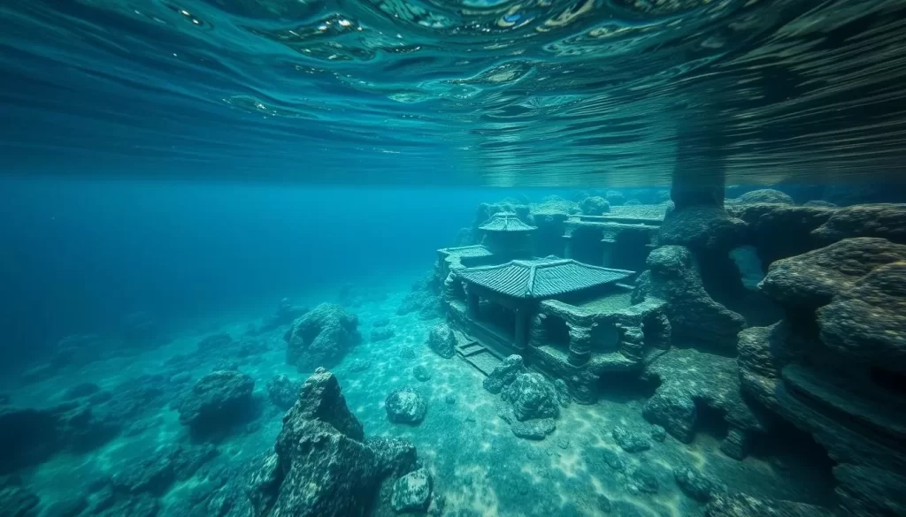 An image of the Underwater Tomb of King Munmu off the coast of Gyeongju, South Korea, showcasing the rocky crags and the serene sea surrounding the historical site.