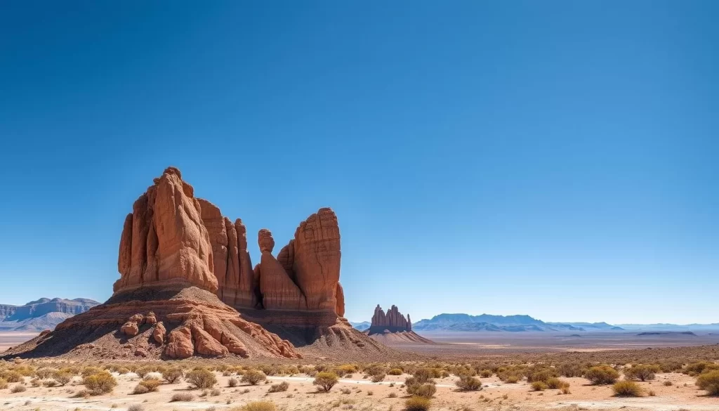 An image of the Valley of Desolation, highlighting its towering dolomite rock formations and the vast Karoo landscape.